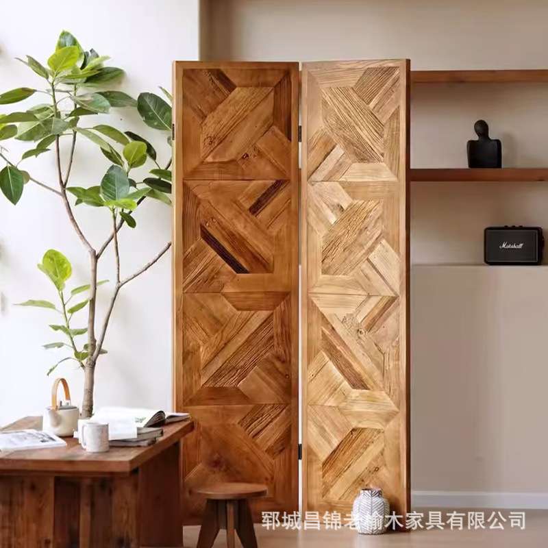 中古老榆木拼花屏风玄关隔断墙餐厅分隔屏风实木三扇折叠移动屏风