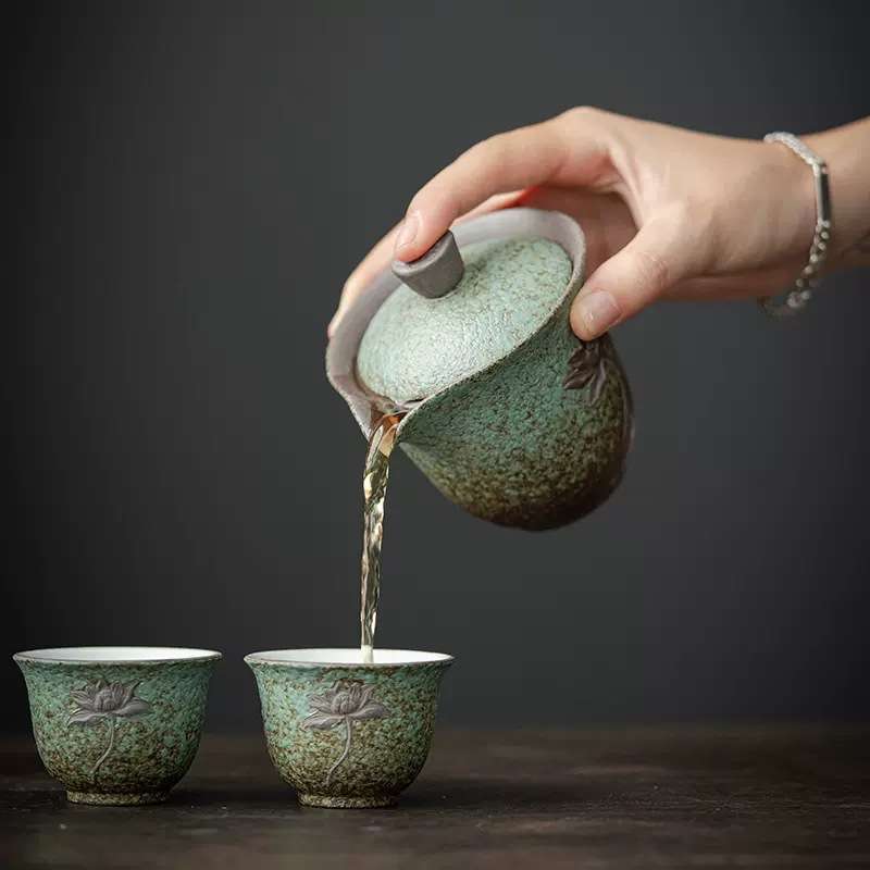 复古粗陶快客杯一壶两杯家用陶瓷便携茶具户外旅行茶具套装泡茶器