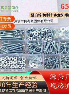 蓝白锌650PCS美制十字盘头螺丝配平垫螺母组合套装6#32 8#32盒装