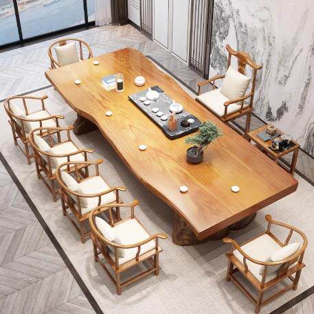 现代视觉新中式实木茶台大板宋氏美学茶桌椅组合一桌五椅家用客厅