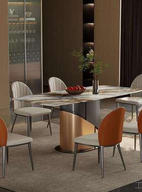 JWYS6143轻奢岩板现代轻奢奶油风家用餐桌椅组合轻奢长方形不锈钢