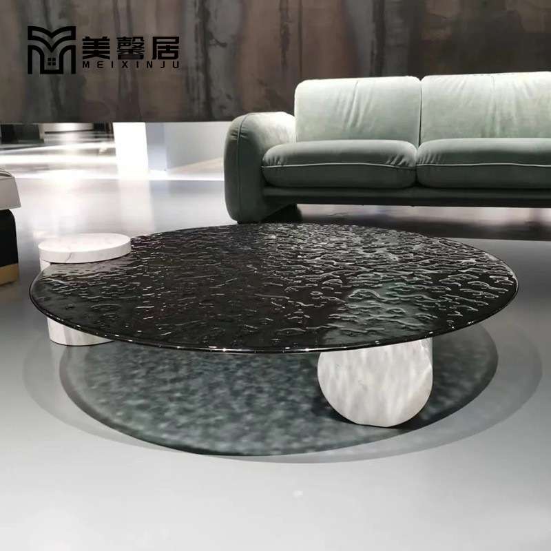 现代轻奢天然大理石水波纹圆形茶几意式极简客厅设计师样板房茶几