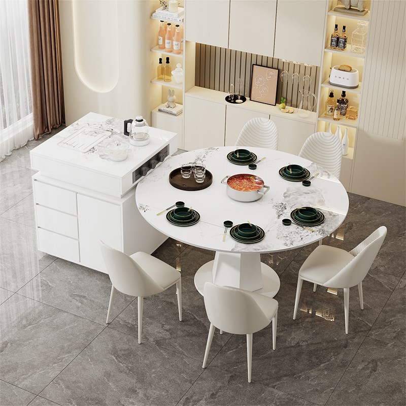 岩板岛台圆桌餐桌一体可分离伸缩带电磁炉家用现代轻奢倒台加餐桌