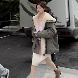 赵露思许你耀眼同款 军绿棉衣毛冲锋衣羊羔派克服宽松外套绒棉服女