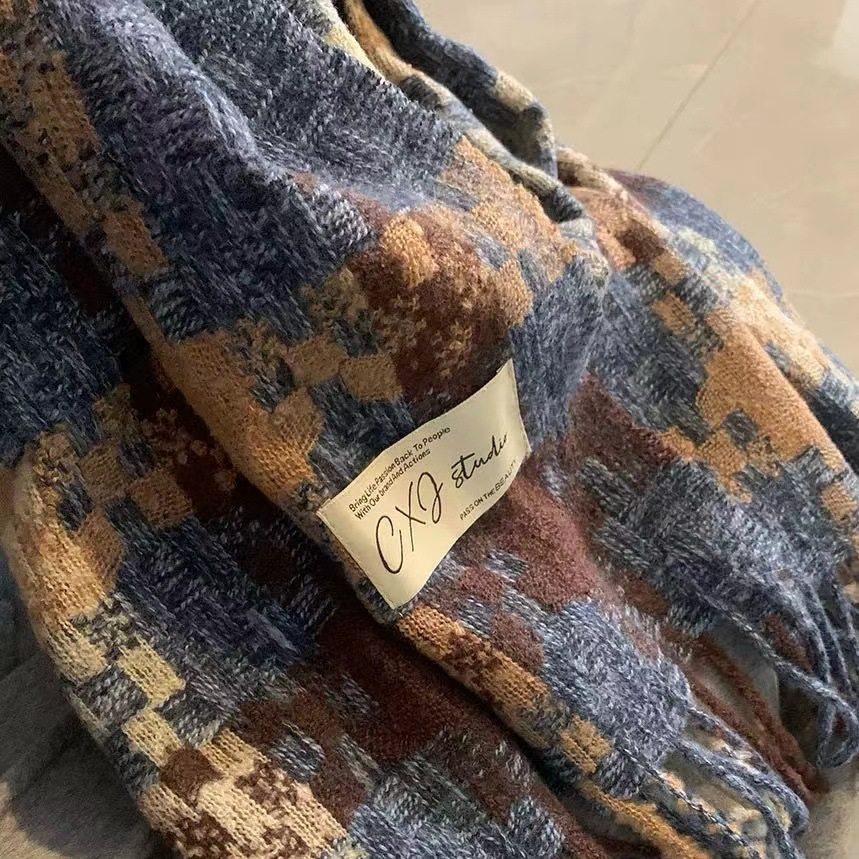 秋冬氛围编织格纹流苏保暖围巾男女情侣围脖加大长款加厚披肩保暖