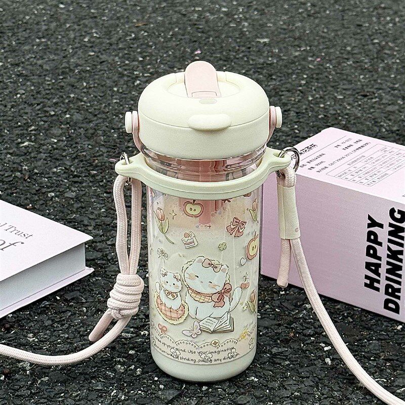 可爱水杯女生高颜值学生带吸管茶仓塑I料夏天随手杯子大容量斜跨
