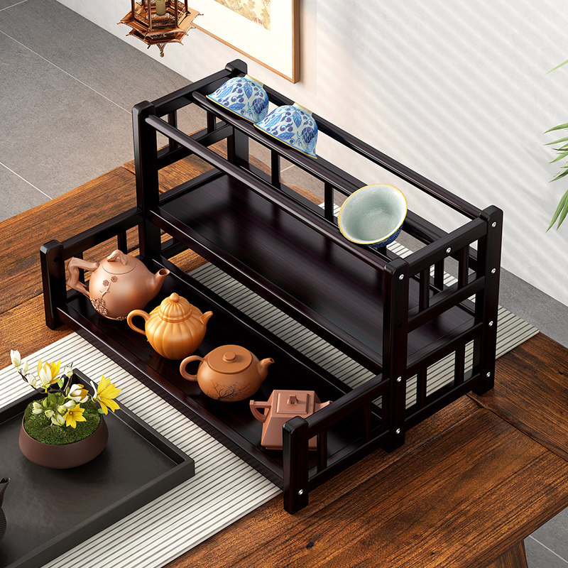 博古架实木中式茶杯紫砂壶摆放架小型茶具茶叶现代简W约茶桌置物