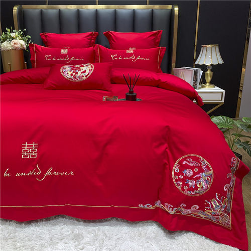 中式婚庆60支长绒棉四件套全棉红色刺绣被套床单结婚床上用品