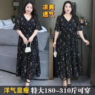 300斤特大码 显瘦遮肉洋气减龄百褶碎花长裙 雪纺连衣裙200胖mm夏装