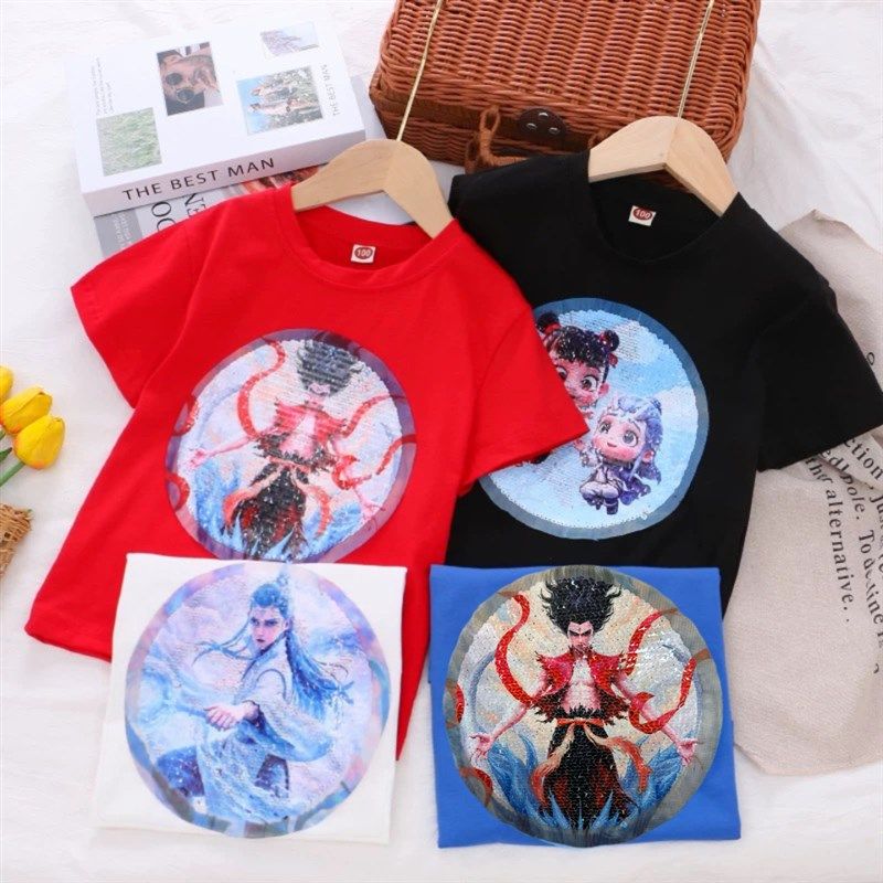 男孩哪吒纯棉T恤短袖童装男童变色亮片敖丙变图案儿童纯棉上衣夏,童装/婴儿装/亲子装,T恤,淘宝优惠券,粉丝福利购,淘宝优惠卷