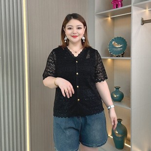 气质V领蕾丝小衫 别致短袖 女夏季 微胖mm显瘦遮肉法式 上衣 新款 大码