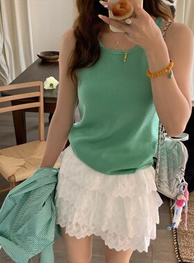 绿色针织吊带背心女装内搭2025春夏季新款宽松外穿打底无袖上衣