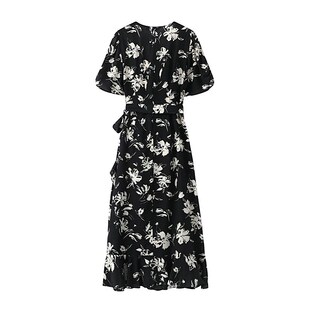 V领包裹式 B563女装 修身 新款 鱼尾花长裙 2023夏季