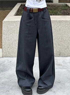 美式复古灰色休闲西装裤女春秋款高级感宽松简约百搭阔腿拖地长裤