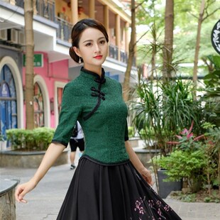 中式改良版旗袍上衣短款表演服妈妈装民族风茶艺服盘扣复古唐装女