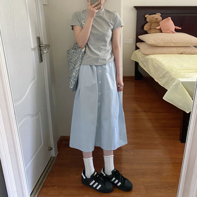 自制甜美日系天蓝色半身裙小个子学院风中长版超仙森系裙子仙女夏