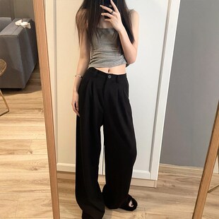 胖mm显瘦休闲慵懒风阔腿裤 黑色直筒西装 高级感垂感大码 女夏薄款 裤