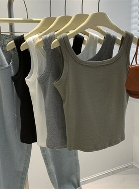 白色不透方领螺纹棉短款背心女复古美式高腰弹力背心吊带夏季上衣