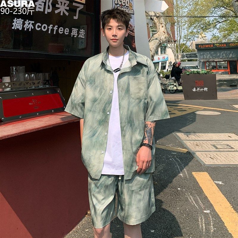 扎染冰丝凉感两件套装短袖衬衫短裤子男加肥加大码潮流胖宽松夏款