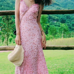 约会礼服裙 2020吊带连衣裙 中长款 度假裙子 粉 茶歇裙