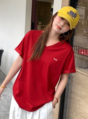 龙妹家红色V领冰丝棉麻短袖T恤女2025夏季新款薄款竹节棉宽松上衣