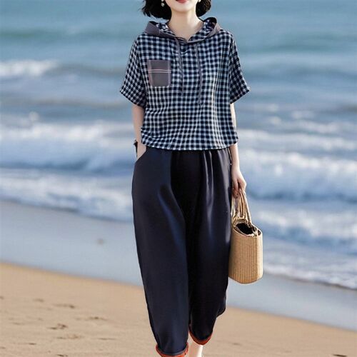 一整套今年流行复古做旧格子上衣女装夏季宽松显瘦萝卜裤短袖套装