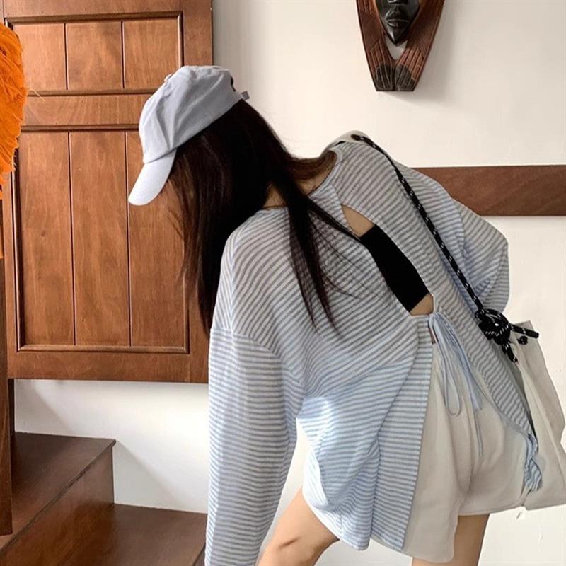 小心机露背绑带蓝色条纹长袖t恤女夏薄款宽松上衣慵懒风防晒罩衫