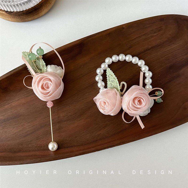 新品结婚新娘粉色手腕花伴娘手环珍珠手链新郎伴郎森系胸花胸针
