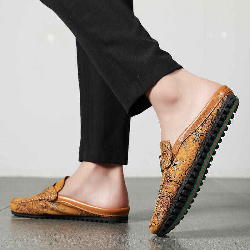 男款花色半托豆豆鞋潮流薄底懒人半拖鞋发型师夜店无后跟休闲皮鞋