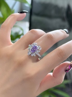 超闪紫钻彩宝戒指轻奢高级感2克拉水滴形全钻满钻纯银首饰钻戒女