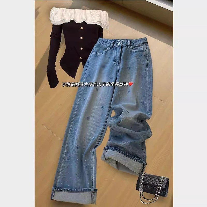 玫瑰刺绣阔腿牛仔裤女春季新款大码胖mm高腰显瘦烫钻直筒裤拖地裤,女装/女士精品,大码裤装,淘宝优惠券,粉丝福利购,淘宝优惠卷