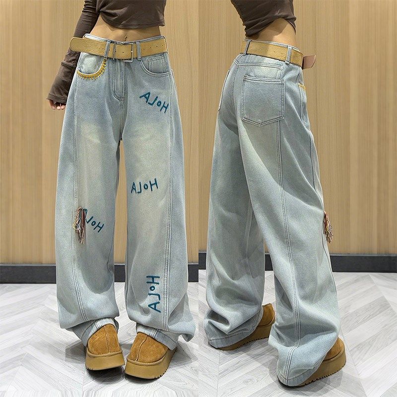 特大码女装胖mm美式复古字母刺绣牛仔裤女宽松显瘦设计感阔腿裤潮,女装/女士精品,大码裤装,淘宝优惠券,粉丝福利购,淘宝优惠卷
