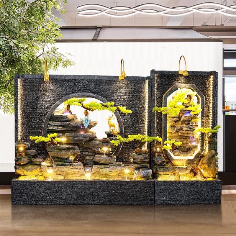 欧式水幕墙流水屏风水轮隔断喷泉摆件大型落地招财假山养鱼池水景