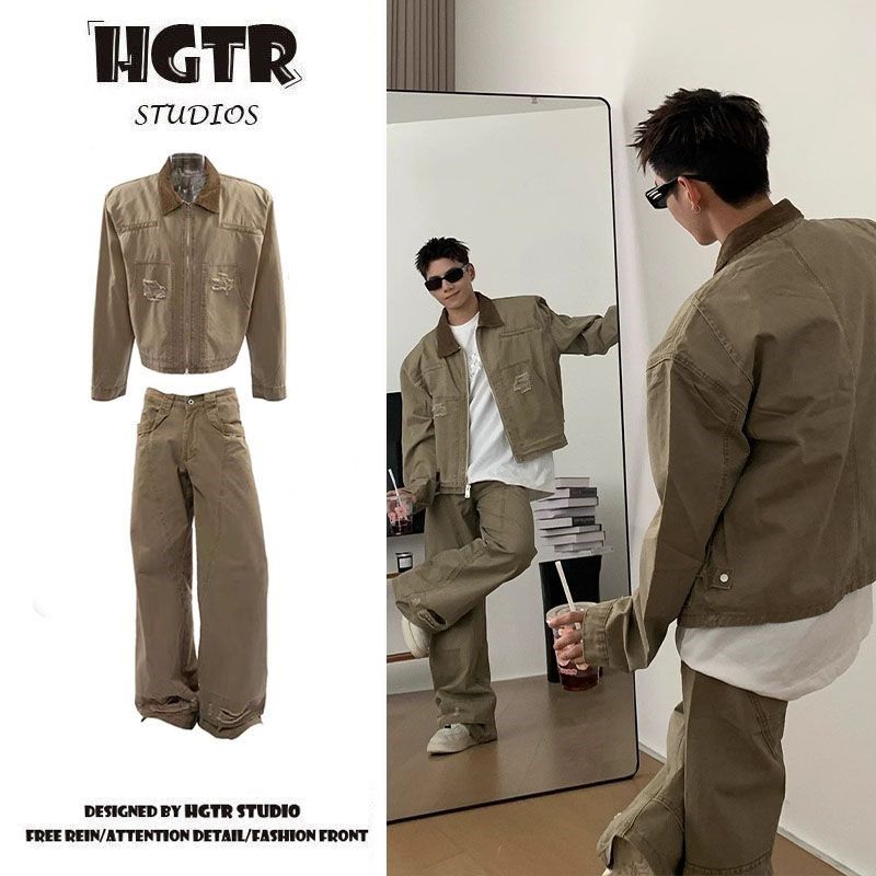 【两件装】工装夹克美式潮牌做旧翻领外套直筒潮流牛仔裤搭配一套,男装,休闲运动套装,淘宝优惠券,粉丝福利购,淘宝优惠卷