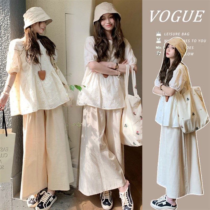 孕妇装春季套装2025新款宽松圆领镂空短袖衬衣阔腿裤春夏季两件套,孕妇装/孕产妇用品/营养,套装,淘宝优惠券,粉丝福利购,淘宝优惠卷