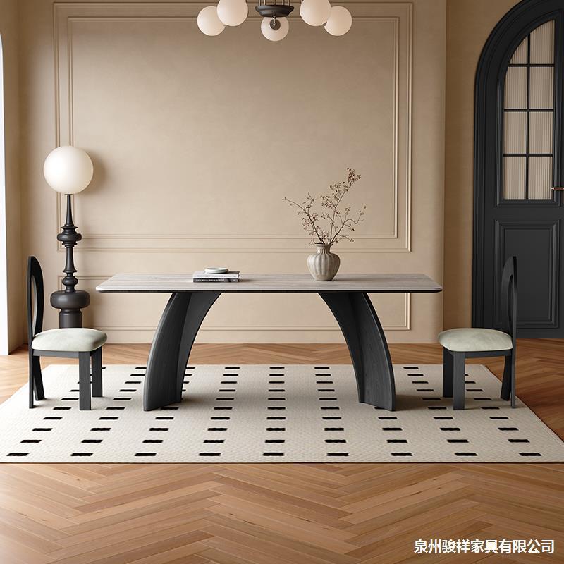 法式复古实木餐桌长方形现代简约饭桌家用小户型意式洞石岩板餐桌