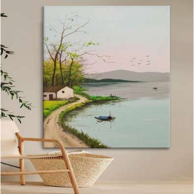 新中式田园风景纯手绘油画湖边山水装饰画客厅玄关挂画丙烯肌理画图片