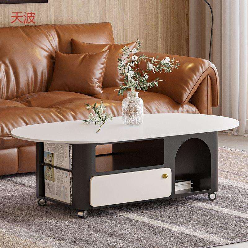 dde意式岩板茶几轻奢高级椭圆形茶几现代简约家用客厅带轮储物小