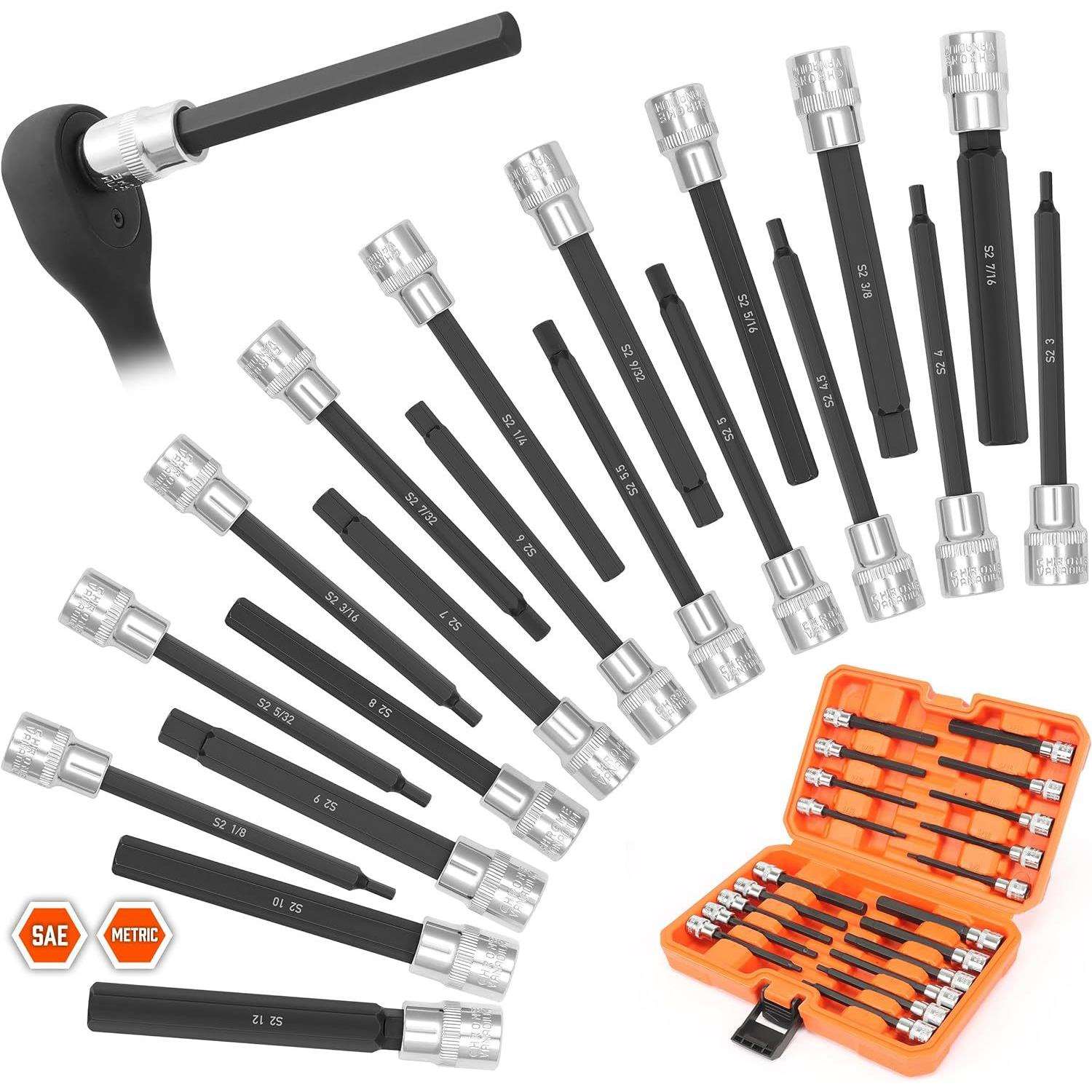 20件套超长内六角旋具套筒组件，长内六角套筒组件