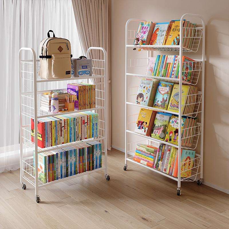 儿童书架落地置物架可移动带轮书柜家用铁艺多层收纳绘本展示架子