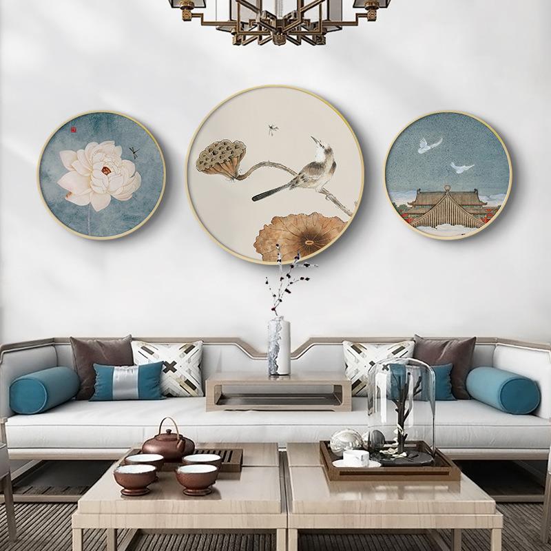 新中式风格客厅圆形装饰画荷花国风玄关挂画书房茶室样板间墙壁画