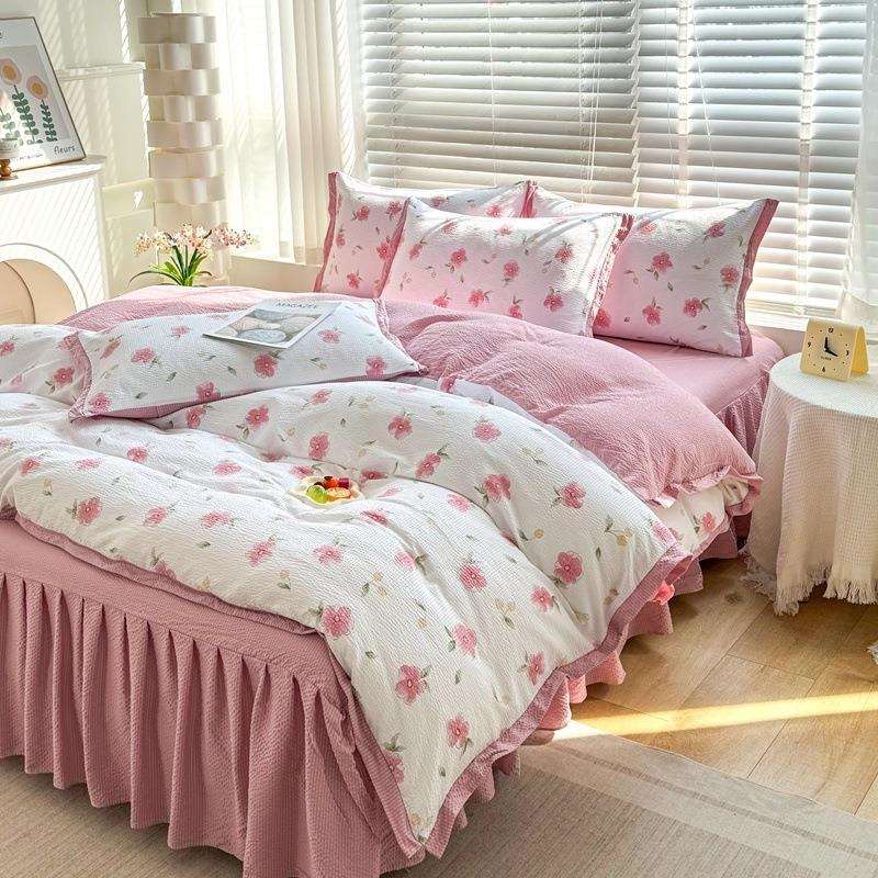 韩式公主风床上用四件套水洗泡泡棉四季款被套床裙学生宿舍三件套