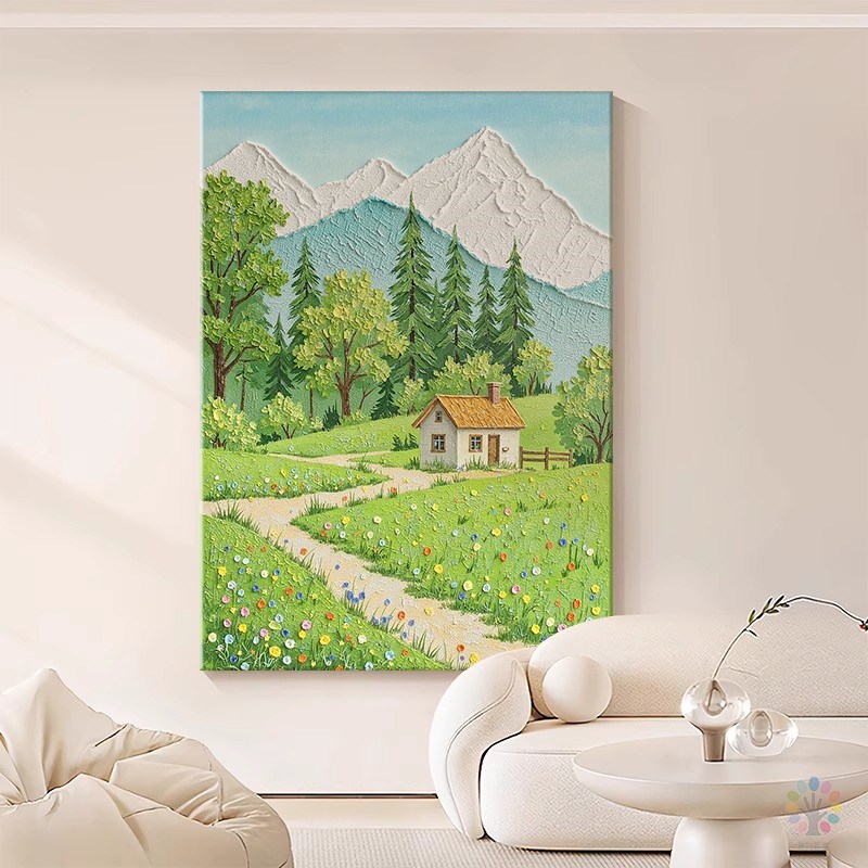 奶油风温馨纯手绘油画治愈系客厅装饰画唯美风景玄关丙烯肌理挂画图片