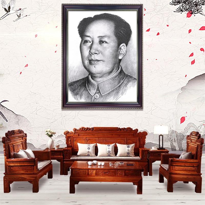毛主席像墙画伟人有框毛泽东画像素描墙壁挂画客厅中堂玄关装饰画图片