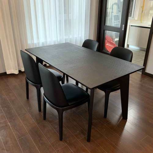 火烧石餐桌长方形黑色火山石餐桌椅组合北欧实木现代简约家用饭桌