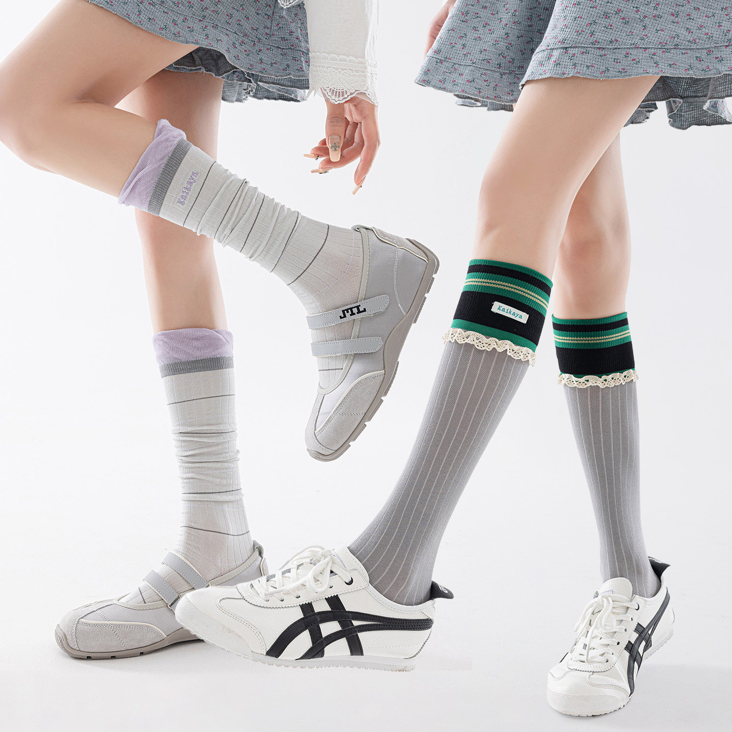 学院风蕾丝条纹显瘦过膝女袜