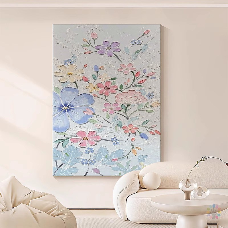 奶油风手绘油画大芬村客厅装饰画抽象花卉立体肌理感玄关丙烯挂画图片