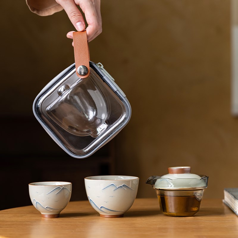 画续户外旅行功夫茶具套装便携式便携包玻璃快客杯一壶二杯陶瓷
