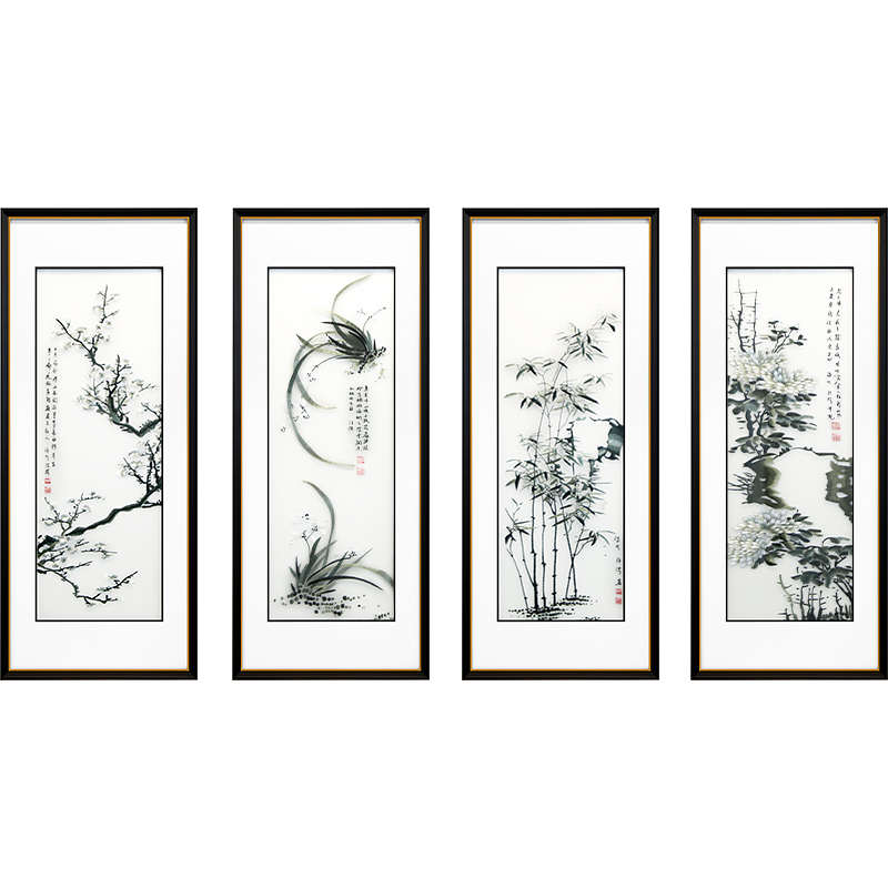 梅兰竹菊挂画刺绣成品新中式客厅装饰画沙发背景墙壁画四条屏苏绣图片