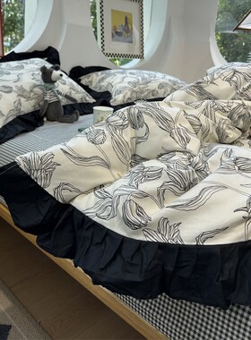 法式田园复古少女甜酷小碎花w黑色郁金香花边全棉四件套1.8米被套